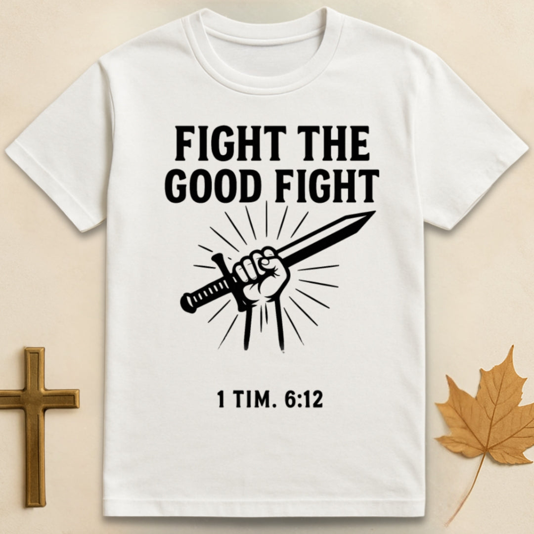 White The Good Fight t-shirt featuring graphic of hand holding a sword with text "Fight the Good Fight" above and "1 Tim 6:12" below.