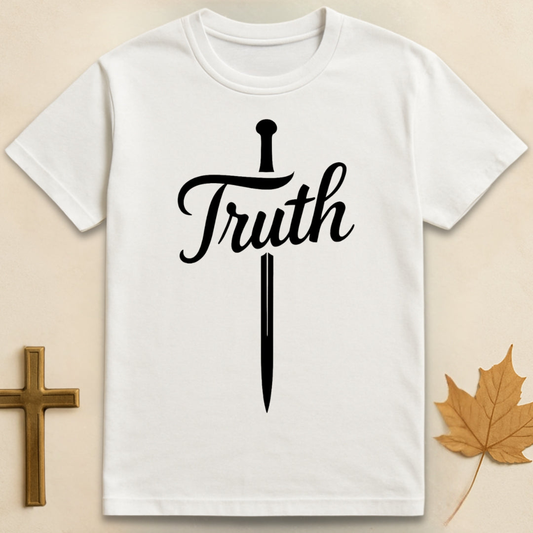 A white Truth t-shirt featuring bold sword graphic integrated into the word “Truth