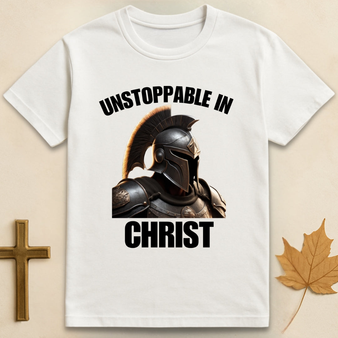 White Unstoppable In Christ t-shirt featuring Spartan-style helmet graphic with text "Unstoppable In" above and "Christ" below.