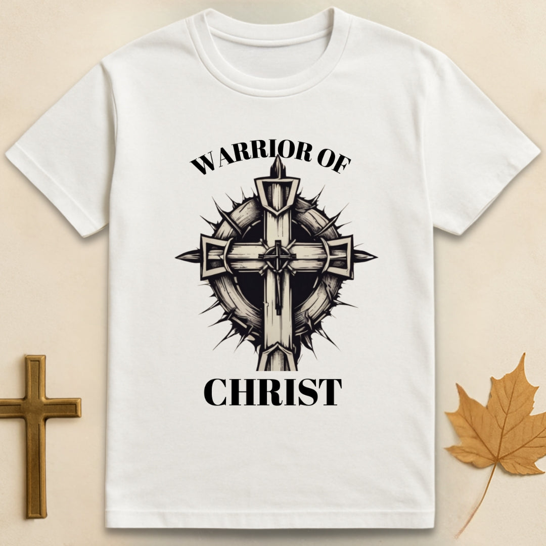White Warrior of Christ t-shirt with cross and thorn crown graphic, featuring text "Warrior of" above and text "Christ" below the design.